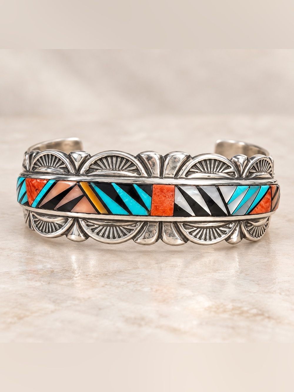 Sterling Silver Multicolor Inlay Cuff Bracelet - Turquoise & Coral - Zuni